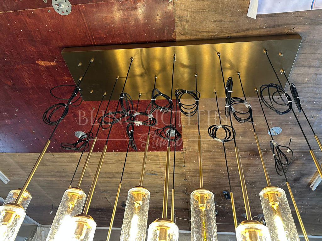 Colleena linear hammered glass chandelier detail showing the rectangular canopy and suspension rods