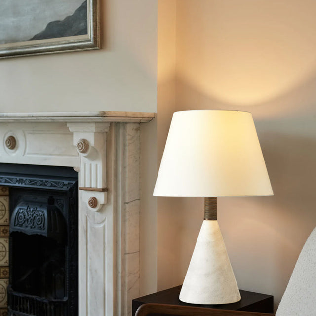 Art Design Arteriors Everly Alabaster Table Lamp Wide 15" with White Linen Fabric Lampshade