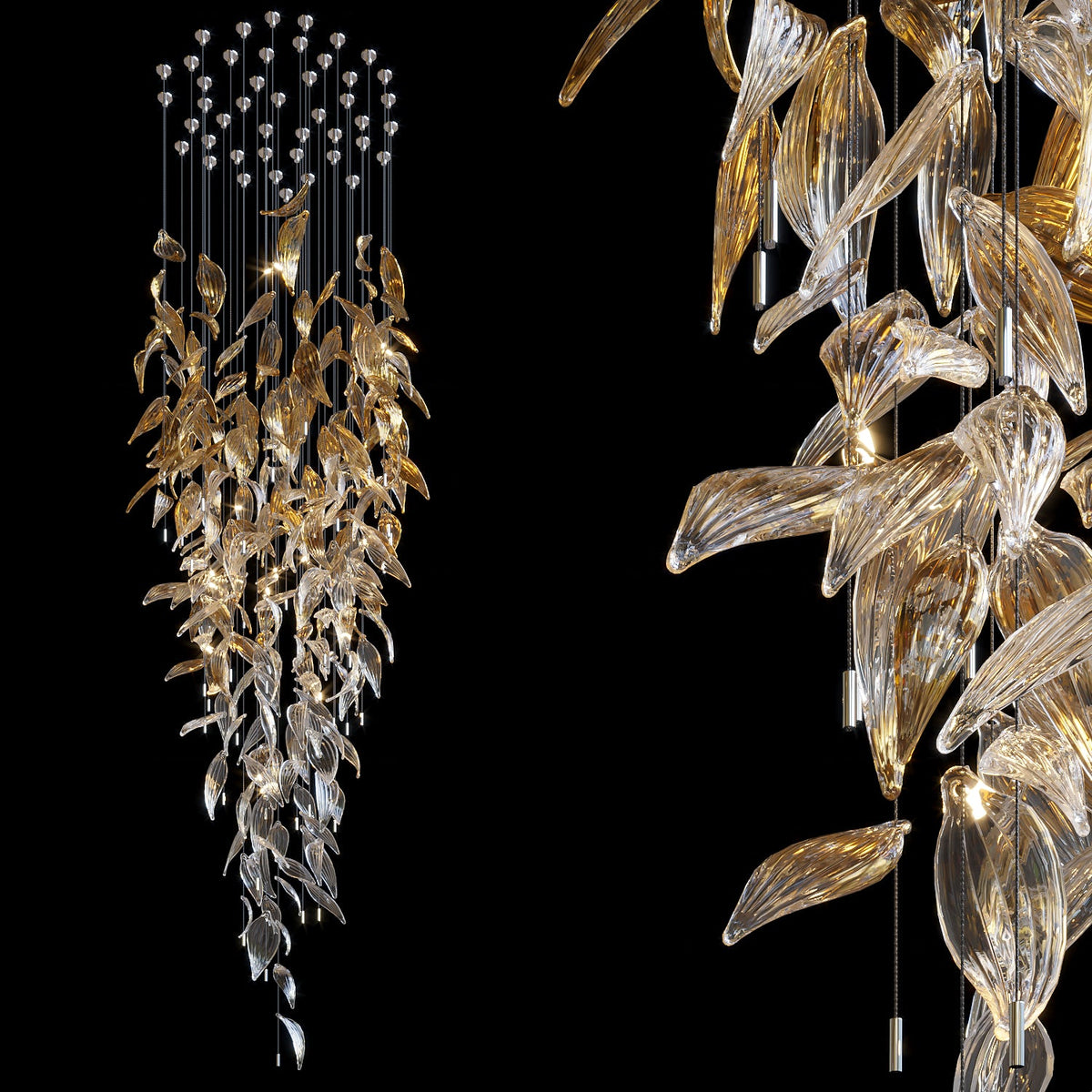 Gold Crystal Leaf Rain Chandelier chandelier in a tall interior