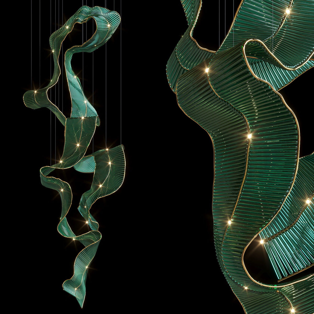 Green Ribbon Wave Chandelier chandelier in a tall interior