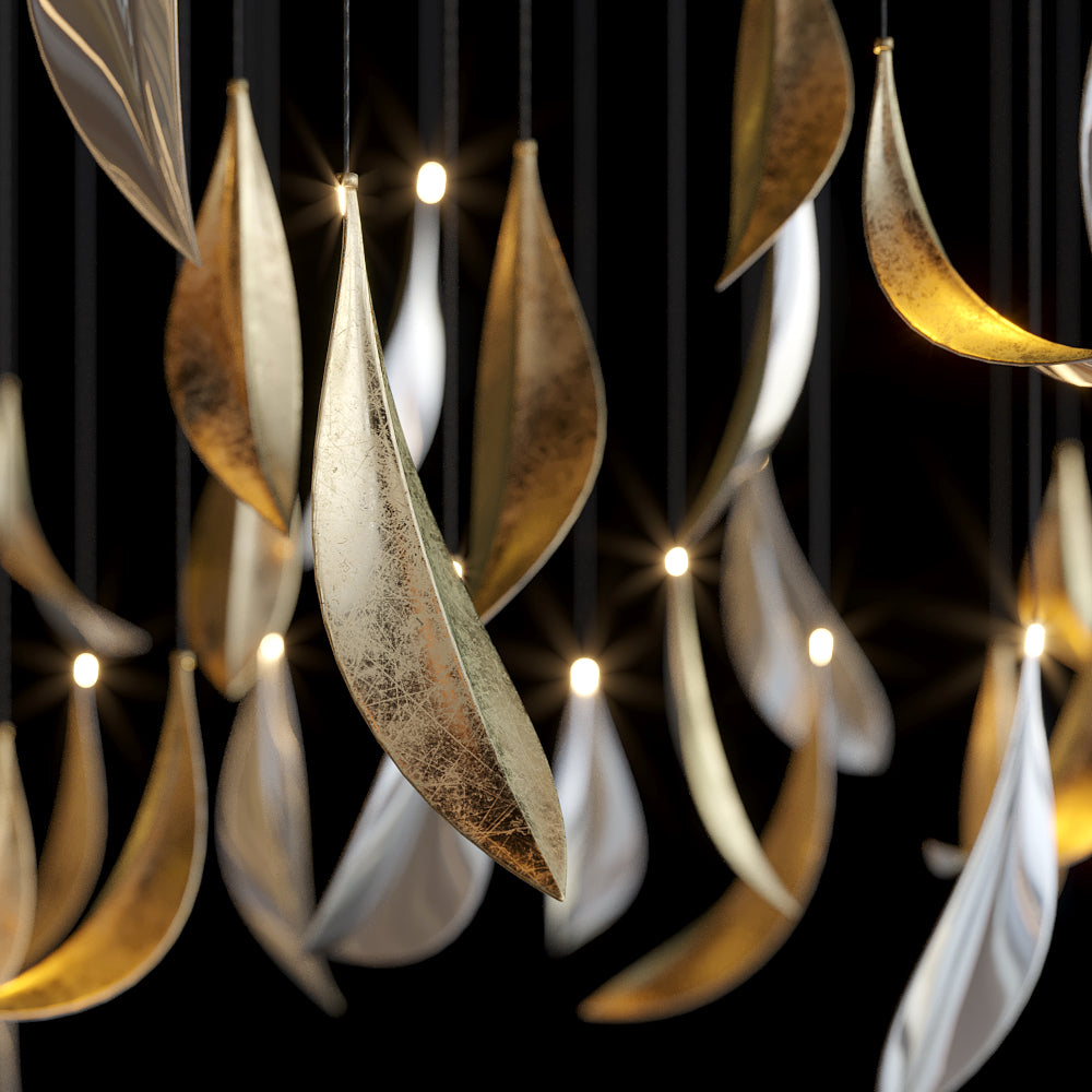 Gold Silver Leaf Rain Chandelier chandelier in a tall interior