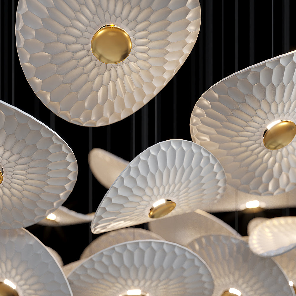 White Disc Flight Chandelier chandelier in a tall interior