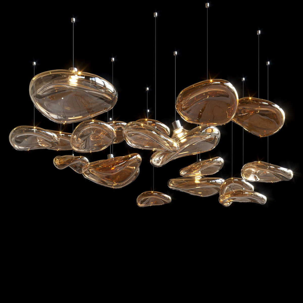 Amber Pebble Orbit Chandelier chandelier in a tall interior