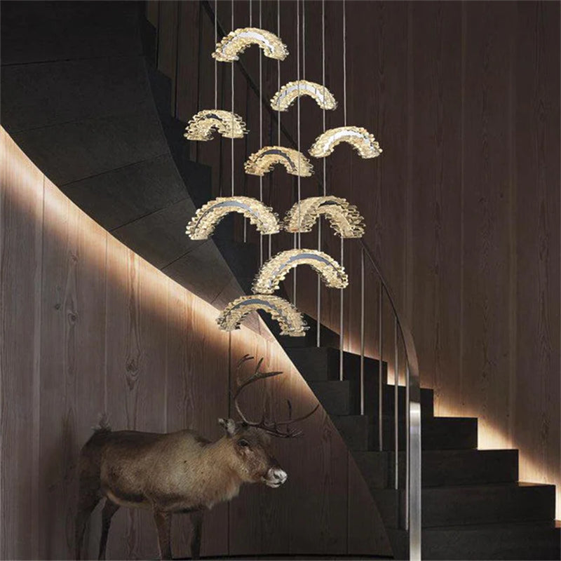 Rainbow Modern Rock Crystal Staircase Chandelier chandelier in a tall interior