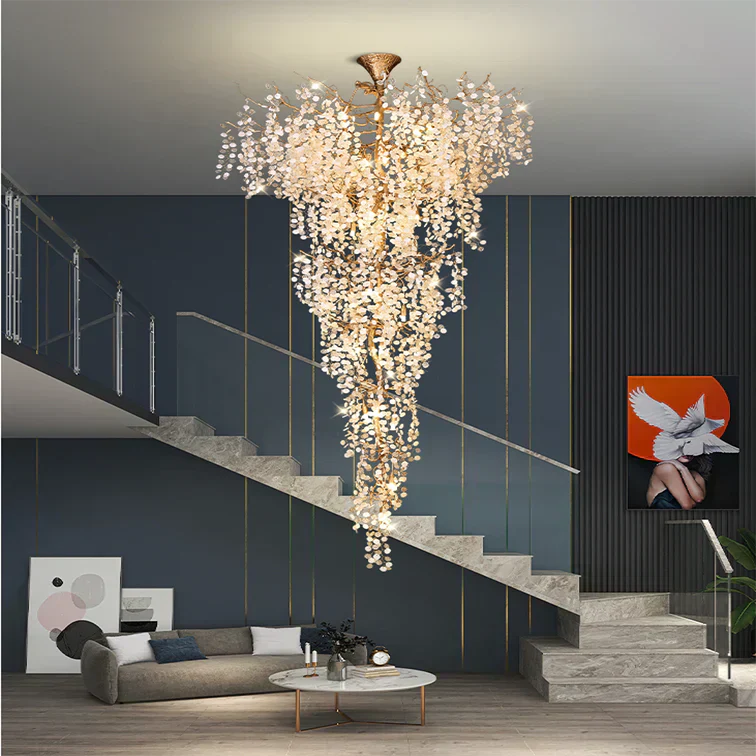 Modern Unique Artistic Flower Brass Branch Semi-flush Mount Chandelier for Living Room/ Hallway/ Entryway/ Staircase by Bling Lighting Studio