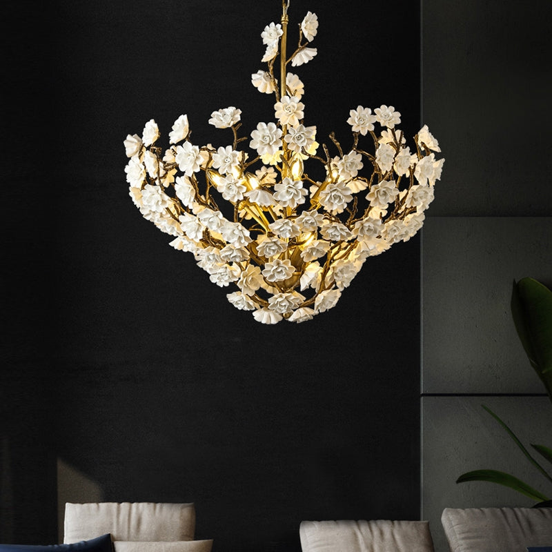 Brass and Ceramic Flower Art Chandelier Post Modern Light Luxury Style for Living and Dining Areas by Bling Lighting Studio