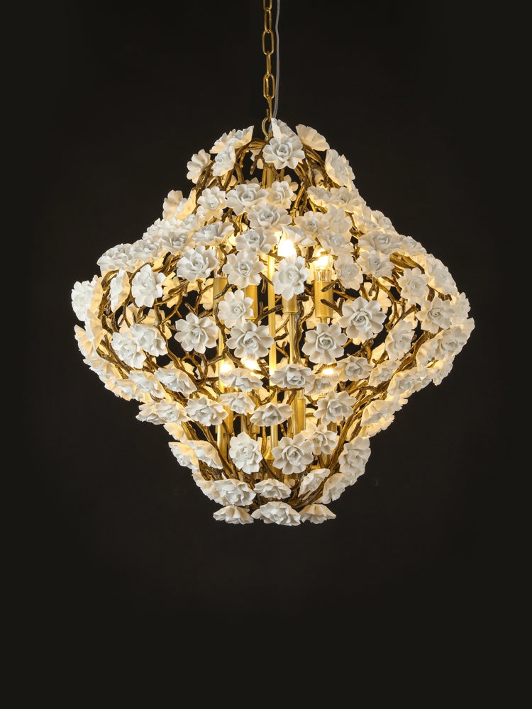 Brass and Ceramic Flower Art Chandelier Post Modern Light Luxury Style for Living and Dining Areas by Bling Lighting Studio