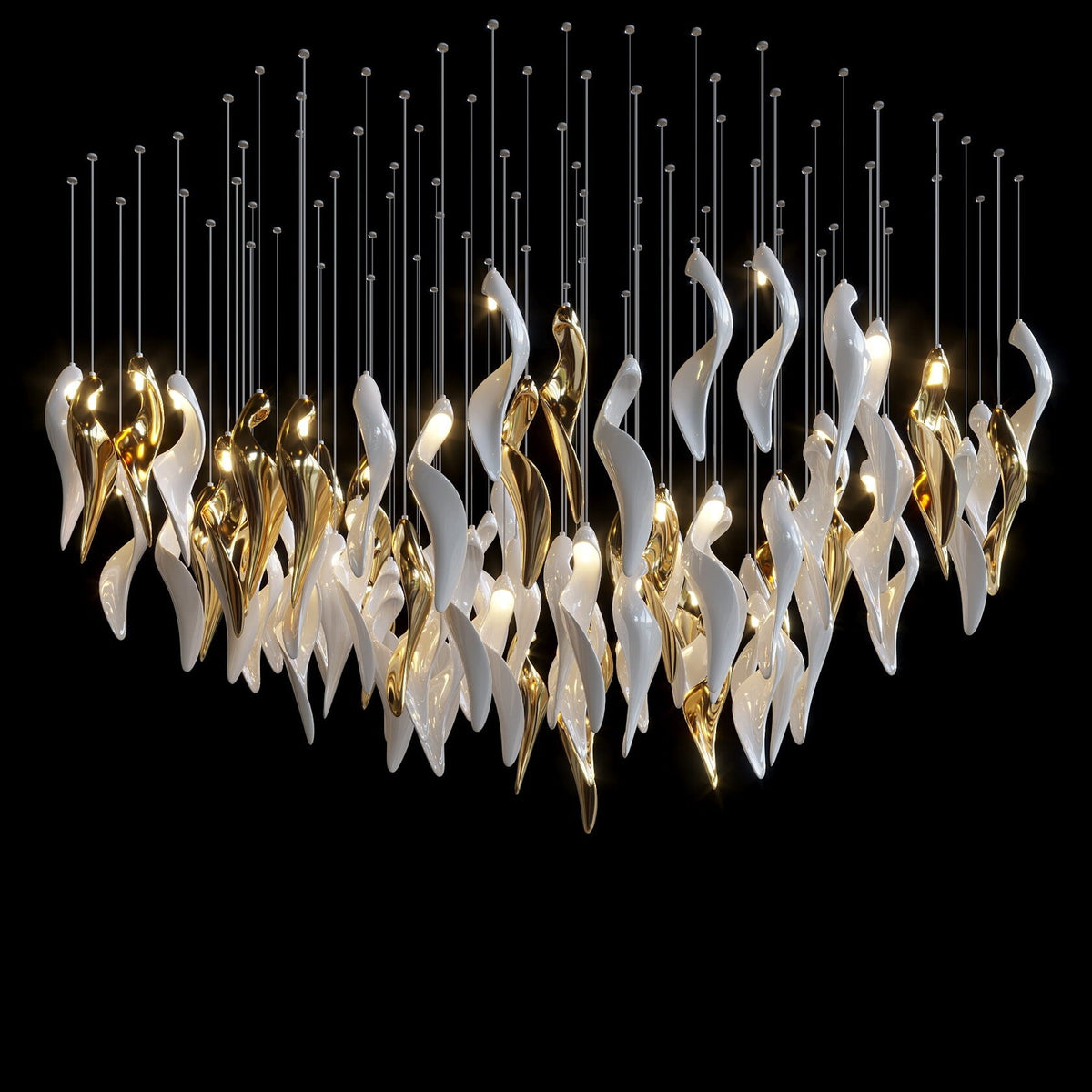 White Gold Calla Cascade Chandelier chandelier in a tall interior