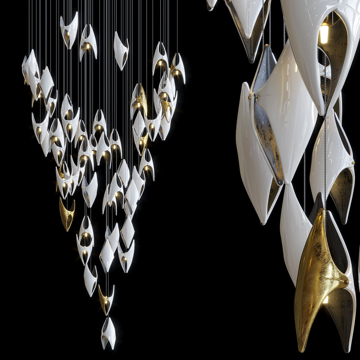 White Gold Diamond Cascade Chandelier chandelier in a tall interior
