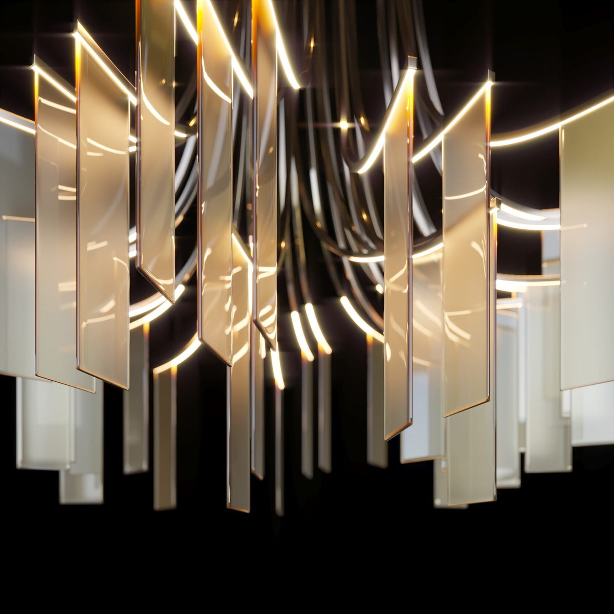Linear Panel Cascade Chandelier chandelier in a tall interior