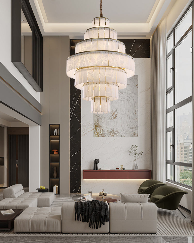 Giant Tiered Alabaster Foyer Chandelier chandelier in a tall interior