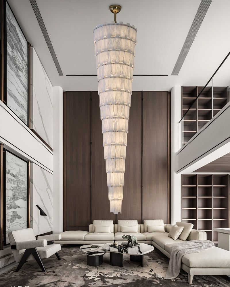 Long Cascading Alabaster Staircase Chandelier chandelier in a tall interior