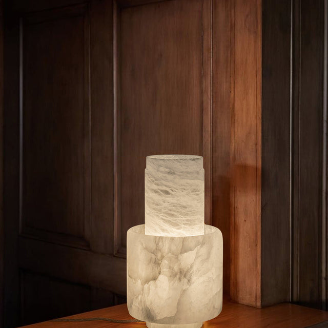 Nature Inspired Cylinder White Alabaster Short Table Lamp 8in for bedroom