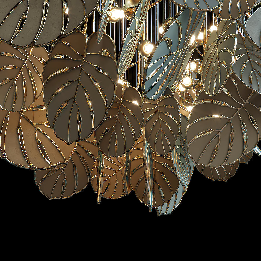 Gold Monstera Canopy Chandelier chandelier in a tall interior