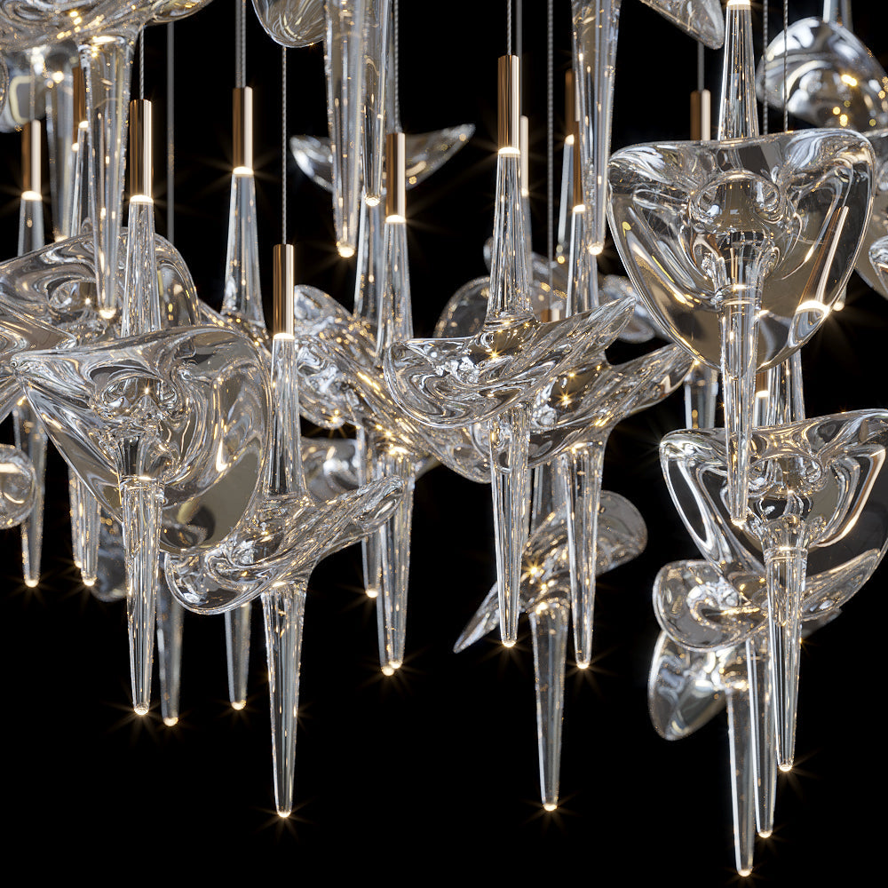 Crystal Disc Spire Chandelier chandelier in a tall interior