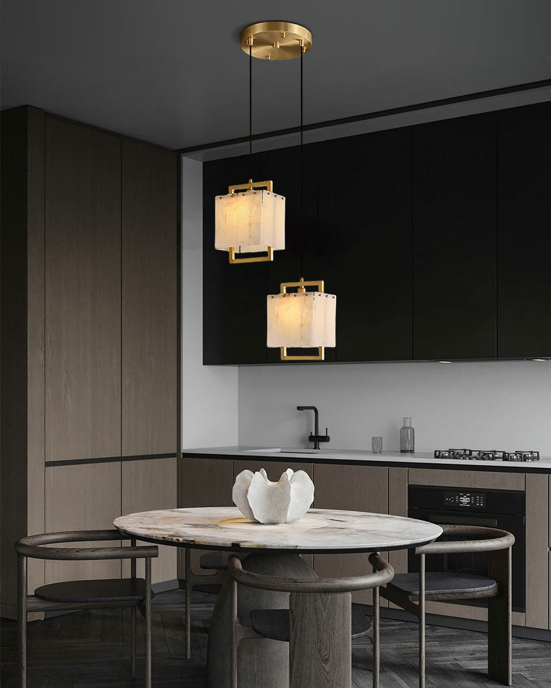 Elegant Cluster Alabaster Dome Suspension Light Lacquered Burnished Brass for hallway chandelier in a tall interior