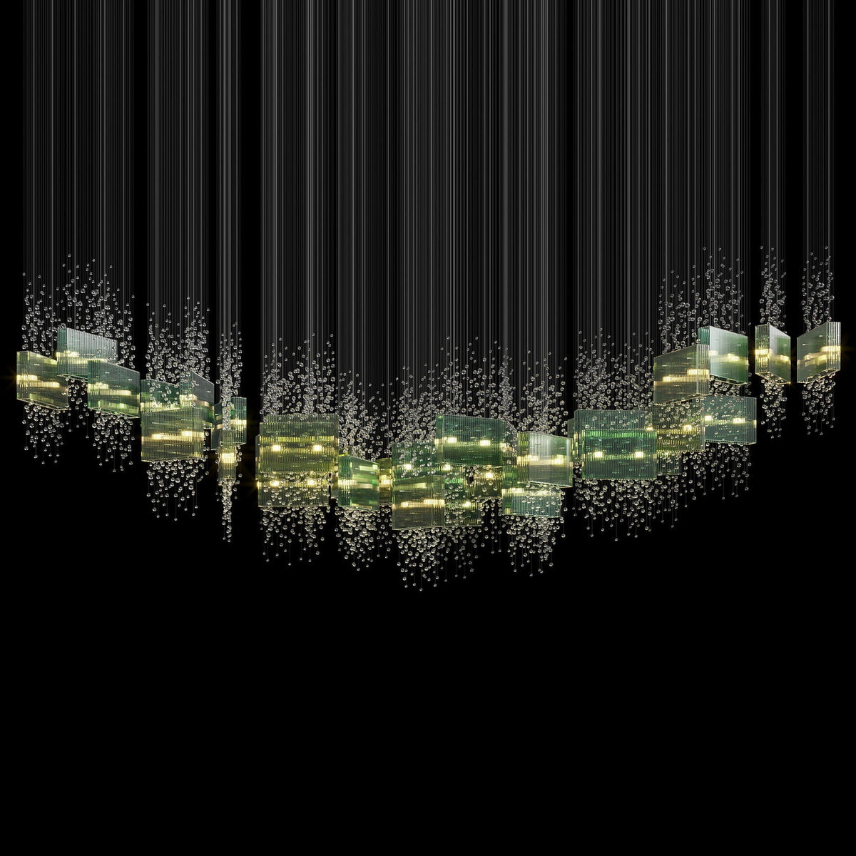 Green Crystal Rain Chandelier chandelier in a tall interior