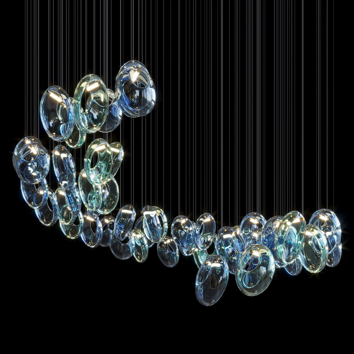Blue Glass Ring Cluster Chandelier chandelier in a tall interior