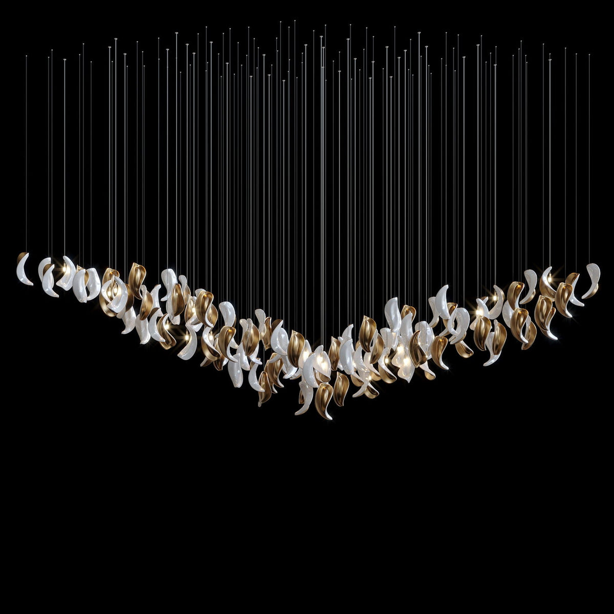 White Crescent Cascade Chandelier chandelier in a tall interior
