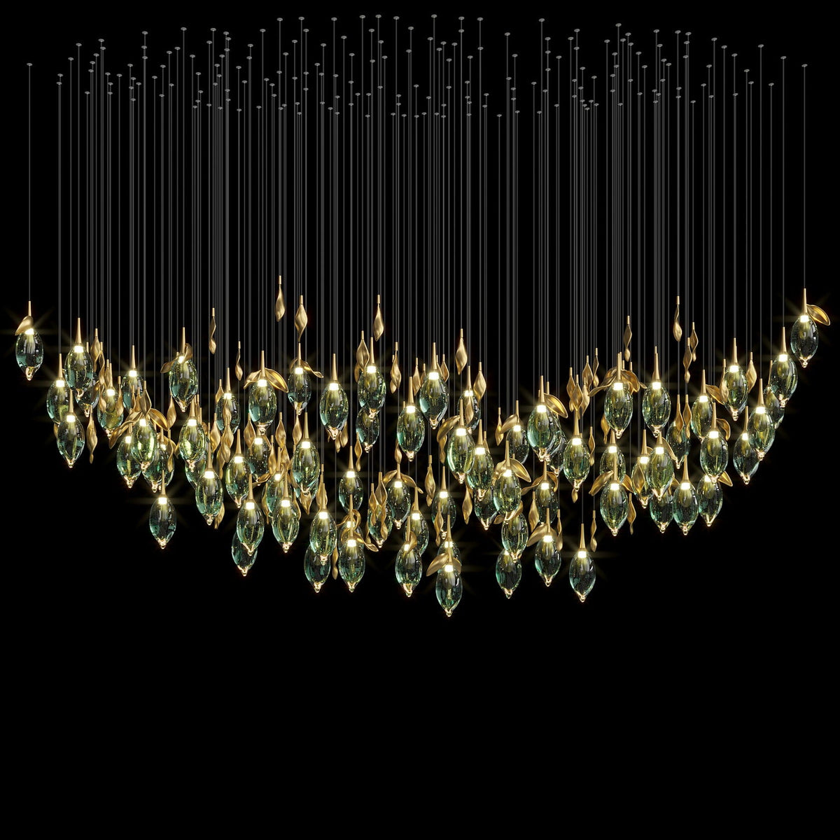 Aqua Seed Pod Chandelier chandelier in a tall interior