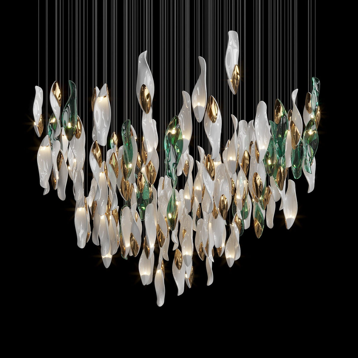 White Sea Petal Cascade Chandelier chandelier in a tall interior