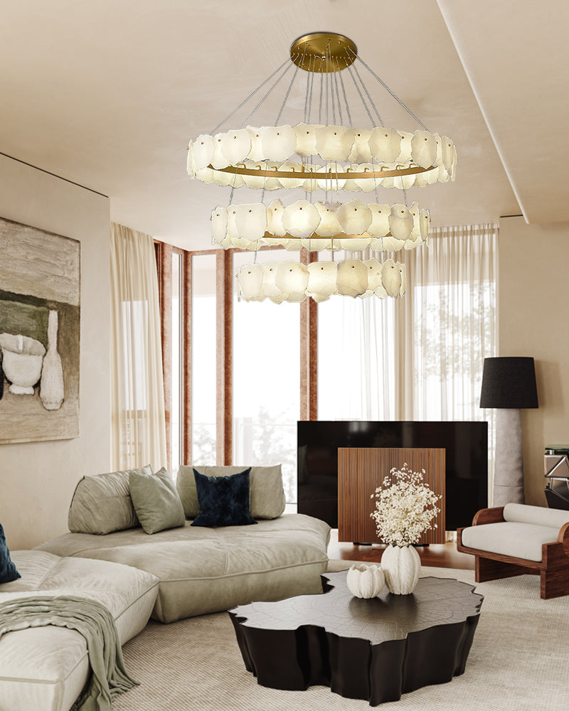 3-tiered stairwell chandeliers | irregular alabaster plate in disk ceiling with long cord