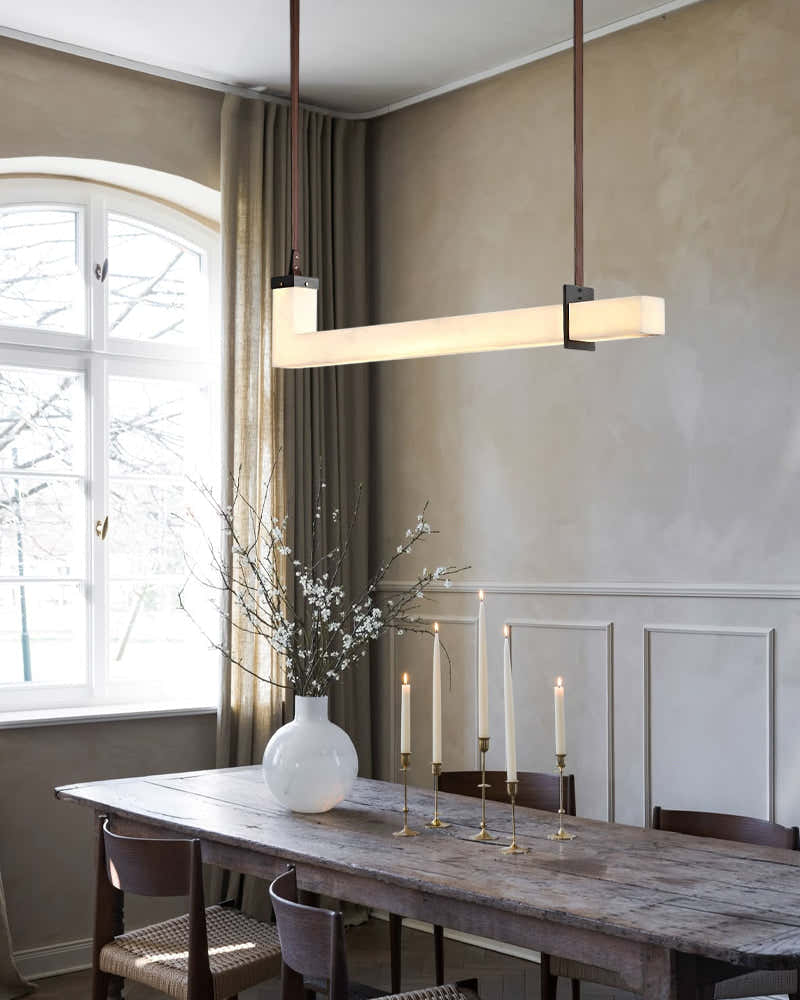 Up & Down Lighting Linear Brown Leather Alabaster Linear Pendant Lights Long 39“ 47”