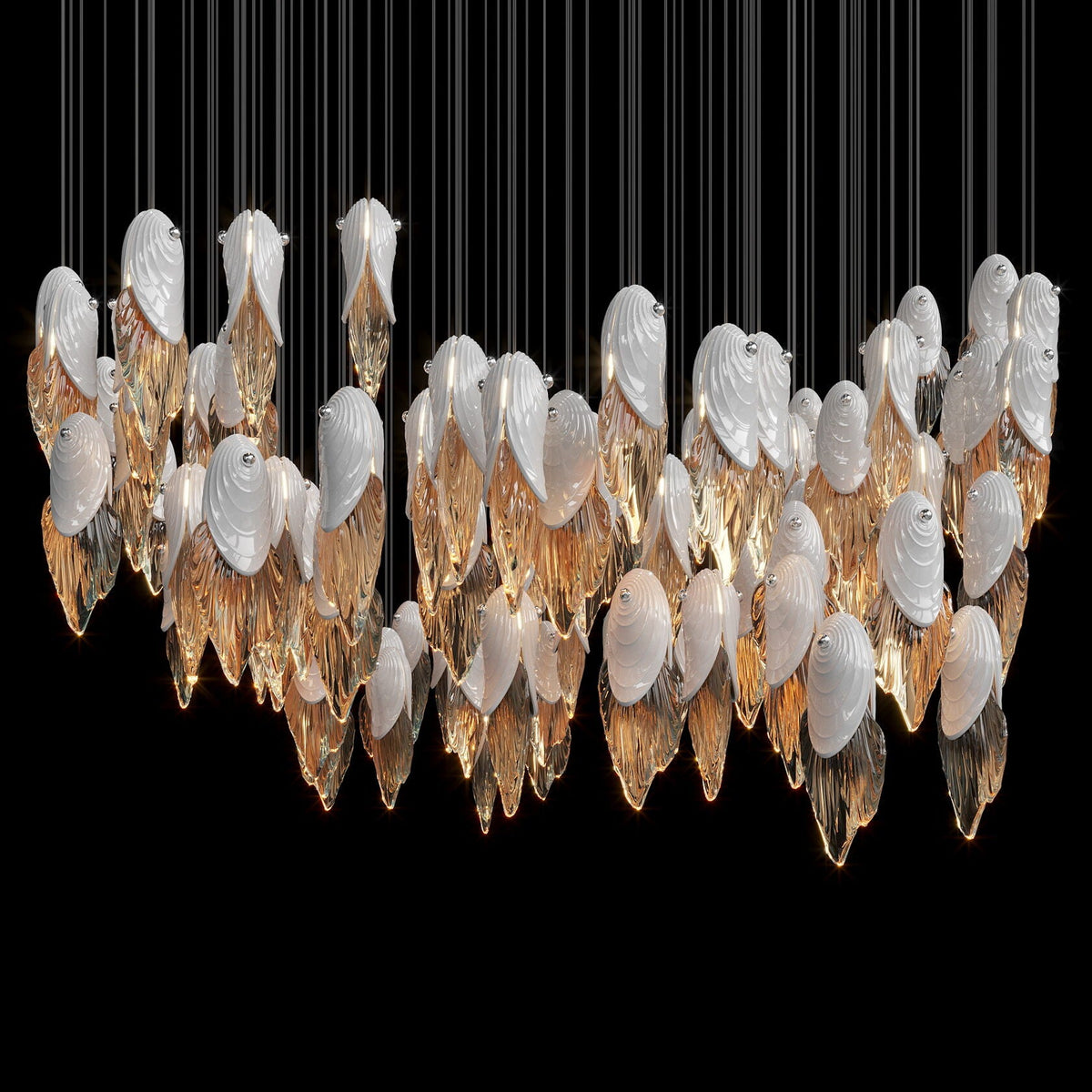White Shell Cascade Chandelier chandelier in a tall interior