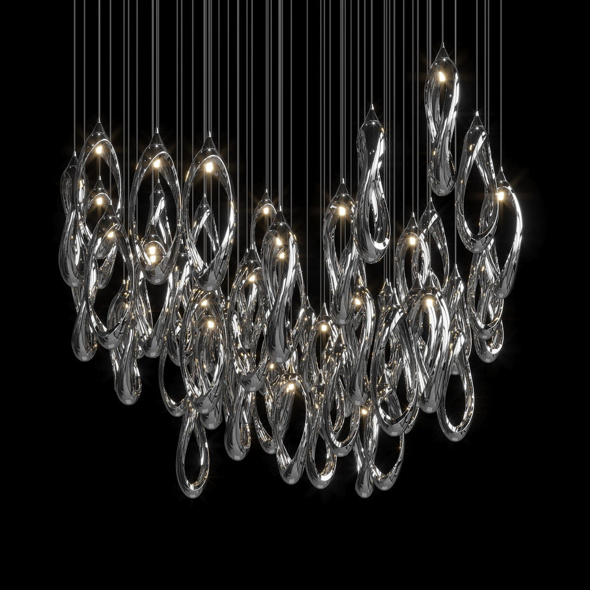White Ribbon Loop Chandelier chandelier in a tall interior