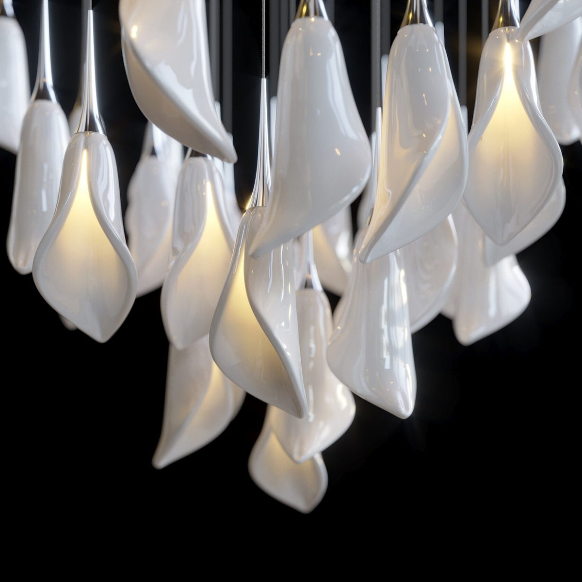 White Petal Drop Chandelier chandelier in a tall interior