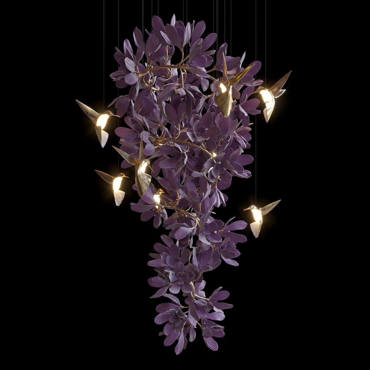 Violet Blossom Bird Chandelier chandelier in a tall interior