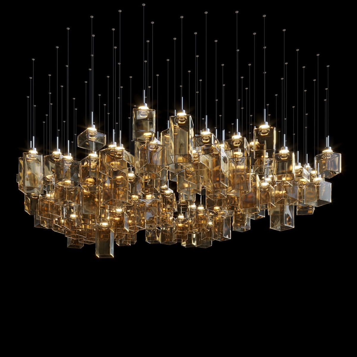 Amber Block Cascade Chandelier chandelier in a tall interior
