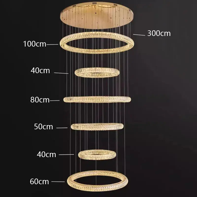 6 Ring Crystal Modern Stairway Lighting for high ceiling staircase and foyer lighting