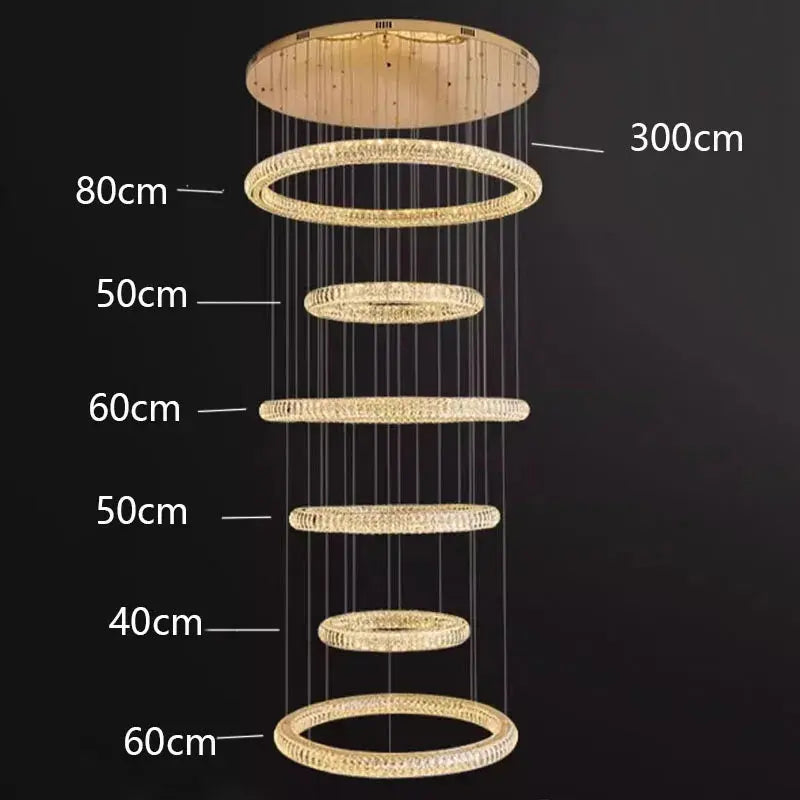 6 Ring Crystal Modern Stairway Lighting for high ceiling staircase and foyer lighting
