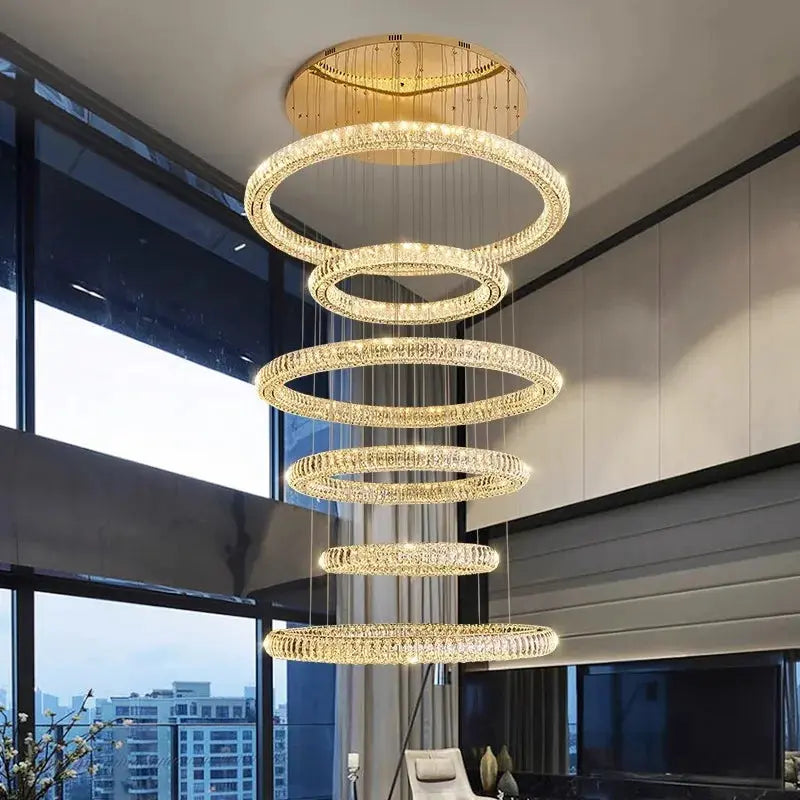 6 Ring Crystal Modern Stairway Lighting for high ceiling staircase and foyer lighting