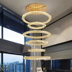 6 Ring Crystal Modern Stairway Lighting for high ceiling staircase and foyer lighting