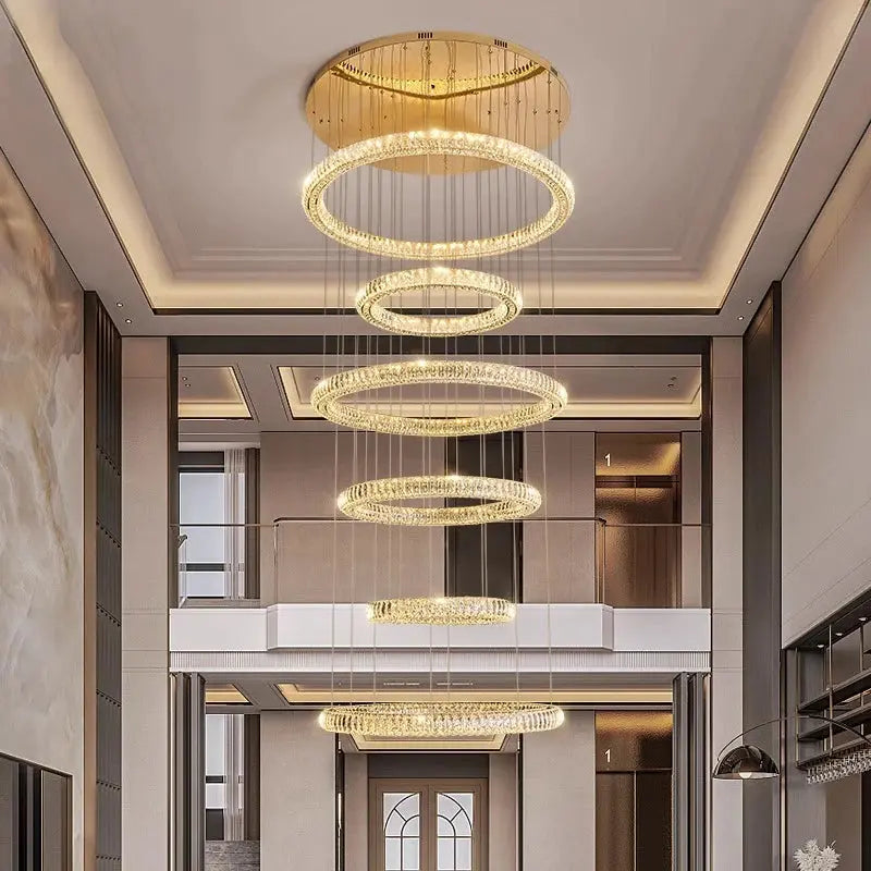 6 Ring Crystal Modern Stairway Lighting for high ceiling staircase and foyer lighting