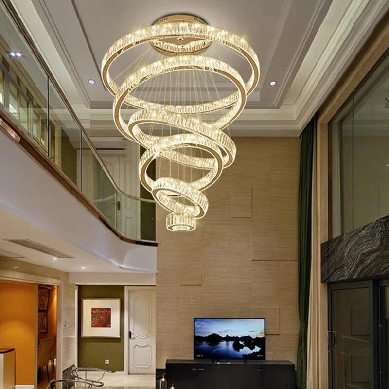 6 Tier Crystal Ring Chandelier for High Ceiling for high ceiling staircase and foyer lighting