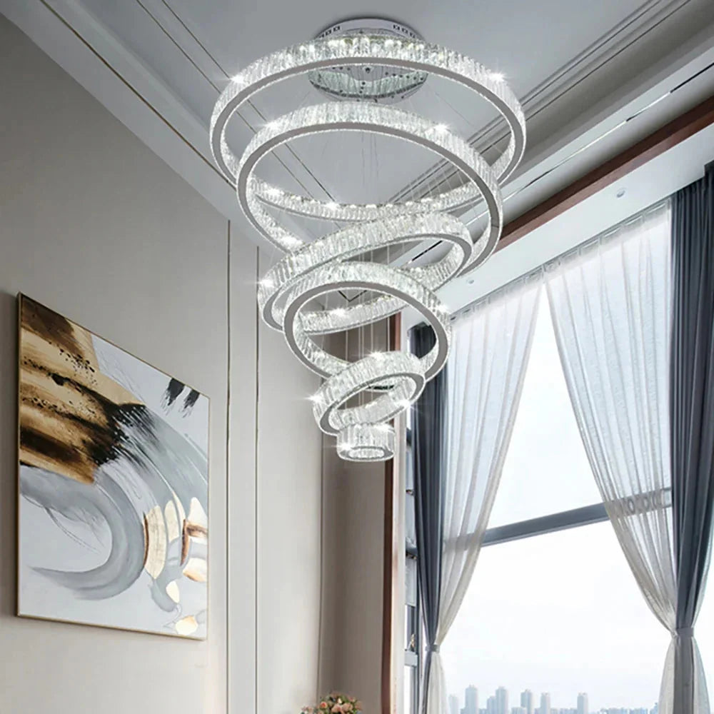 6 Tier Crystal Ring Chandelier for High Ceiling for high ceiling staircase and foyer lighting