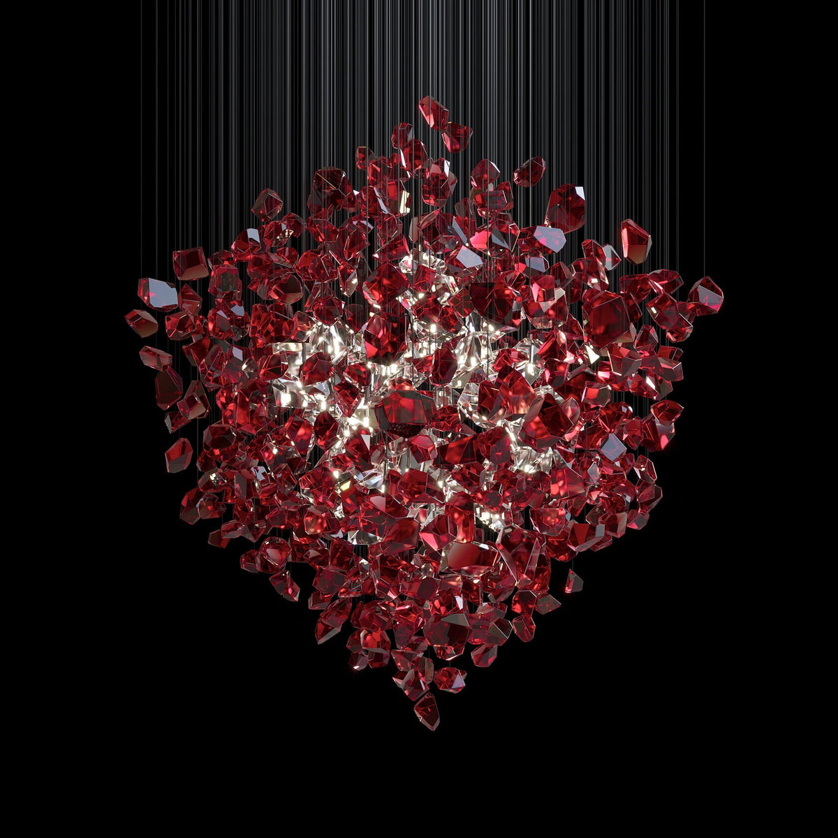 Crimson Crystal Scatter Chandelier chandelier in a tall interior