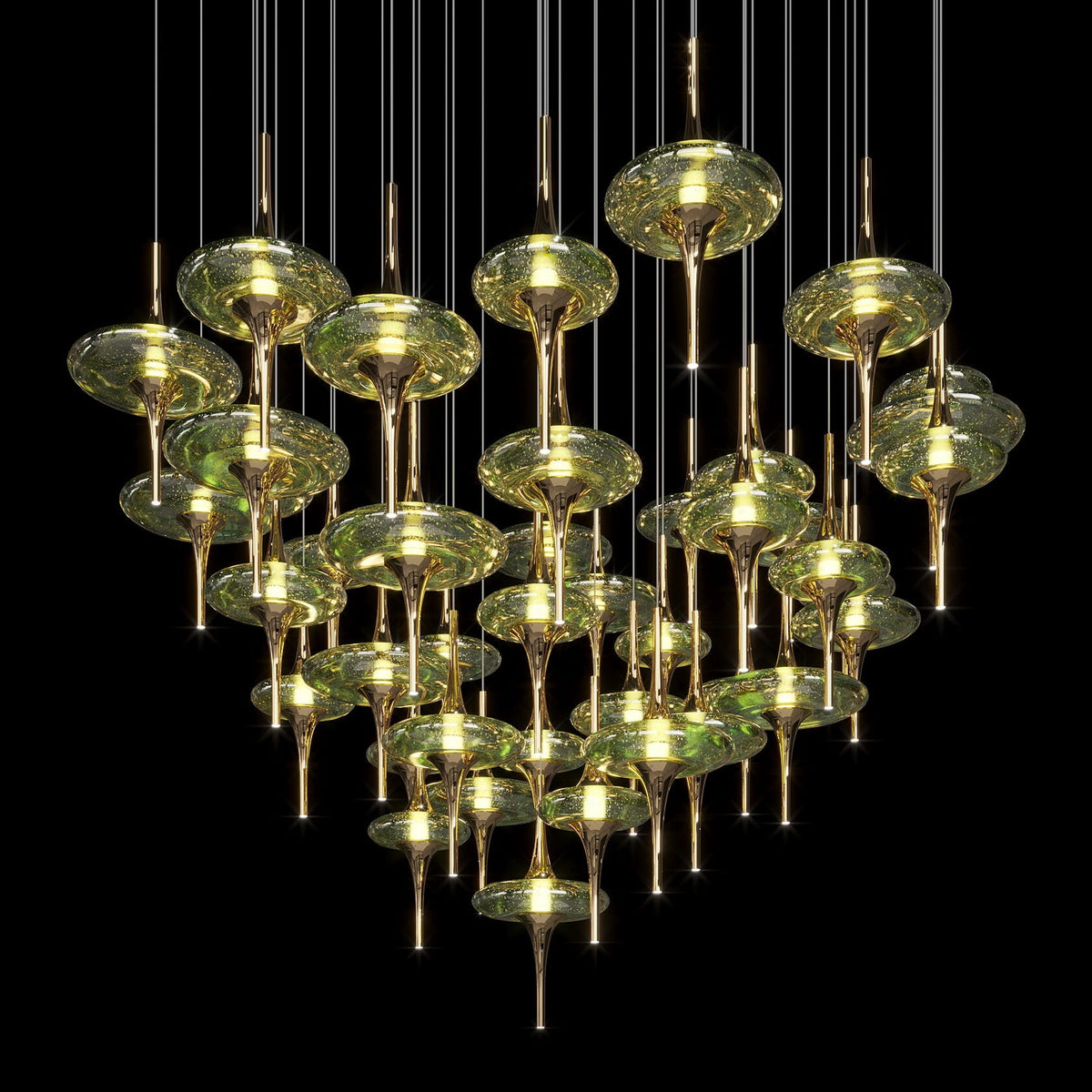 Green Glass Saucer Chandelier chandelier in a tall interior