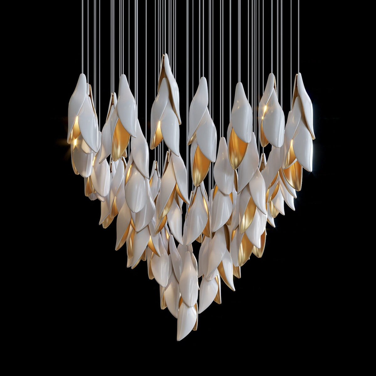 Black Gold Petal Cascade Chandelier chandelier in a tall interior