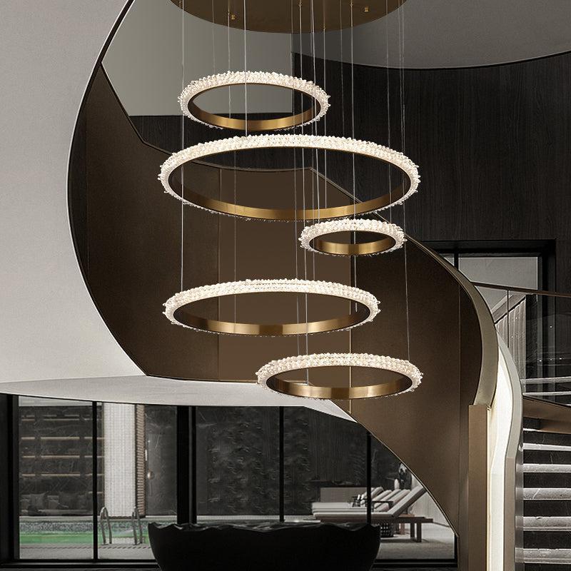 Staircase Quartz Modern Crystal Ring Chandelier chandelier in a tall interior