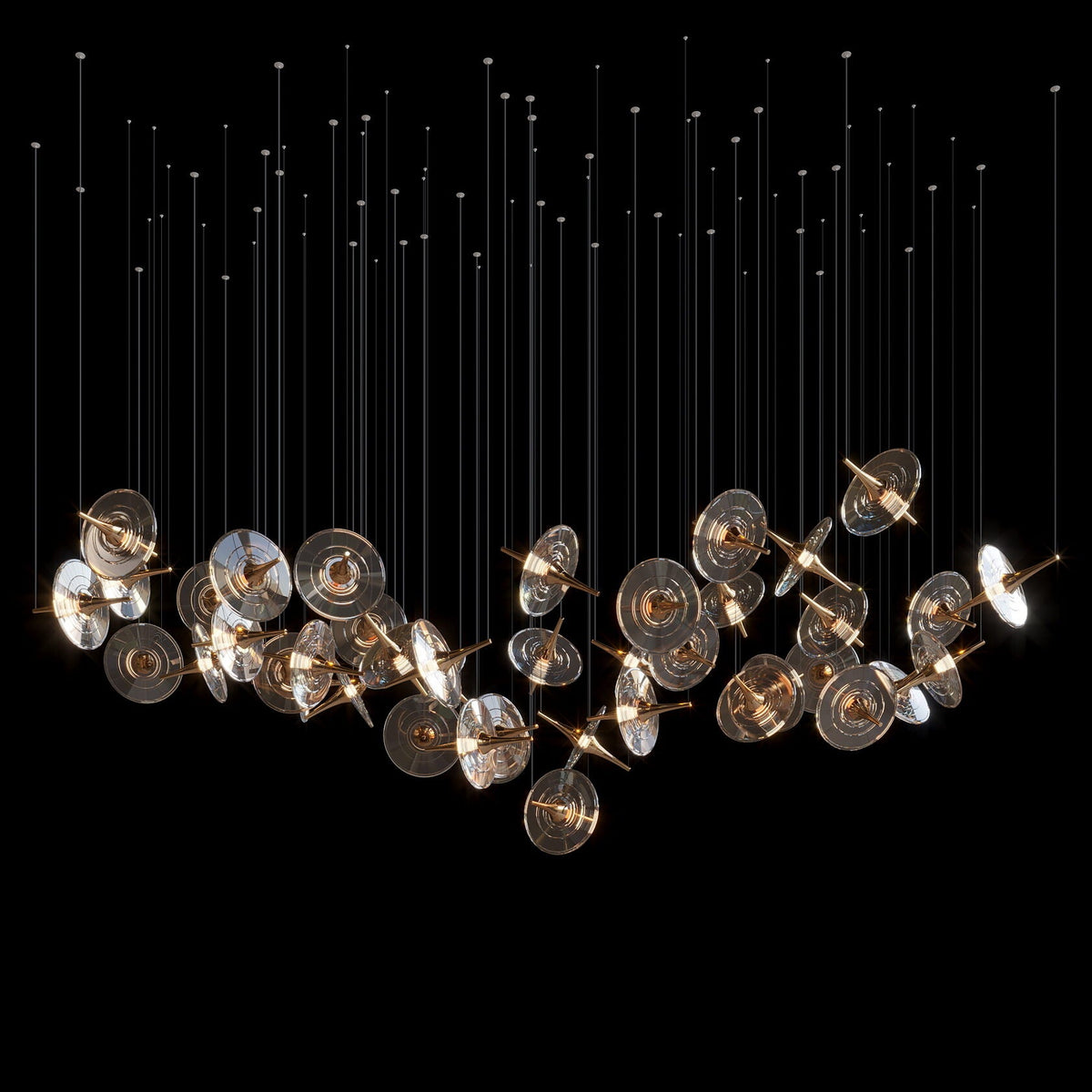 Smoke Disc Orbit Chandelier chandelier in a tall interior
