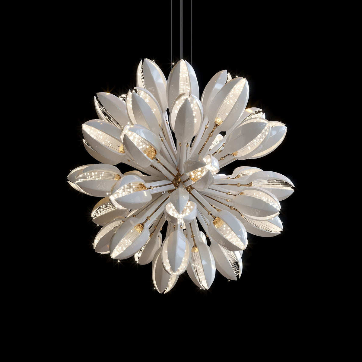 White Petal Burst Chandelier chandelier in a tall interior