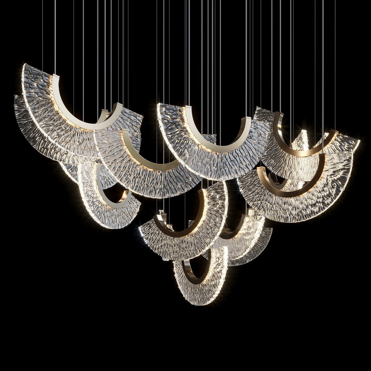 Crystal Fan Arc Chandelier chandelier in a tall interior