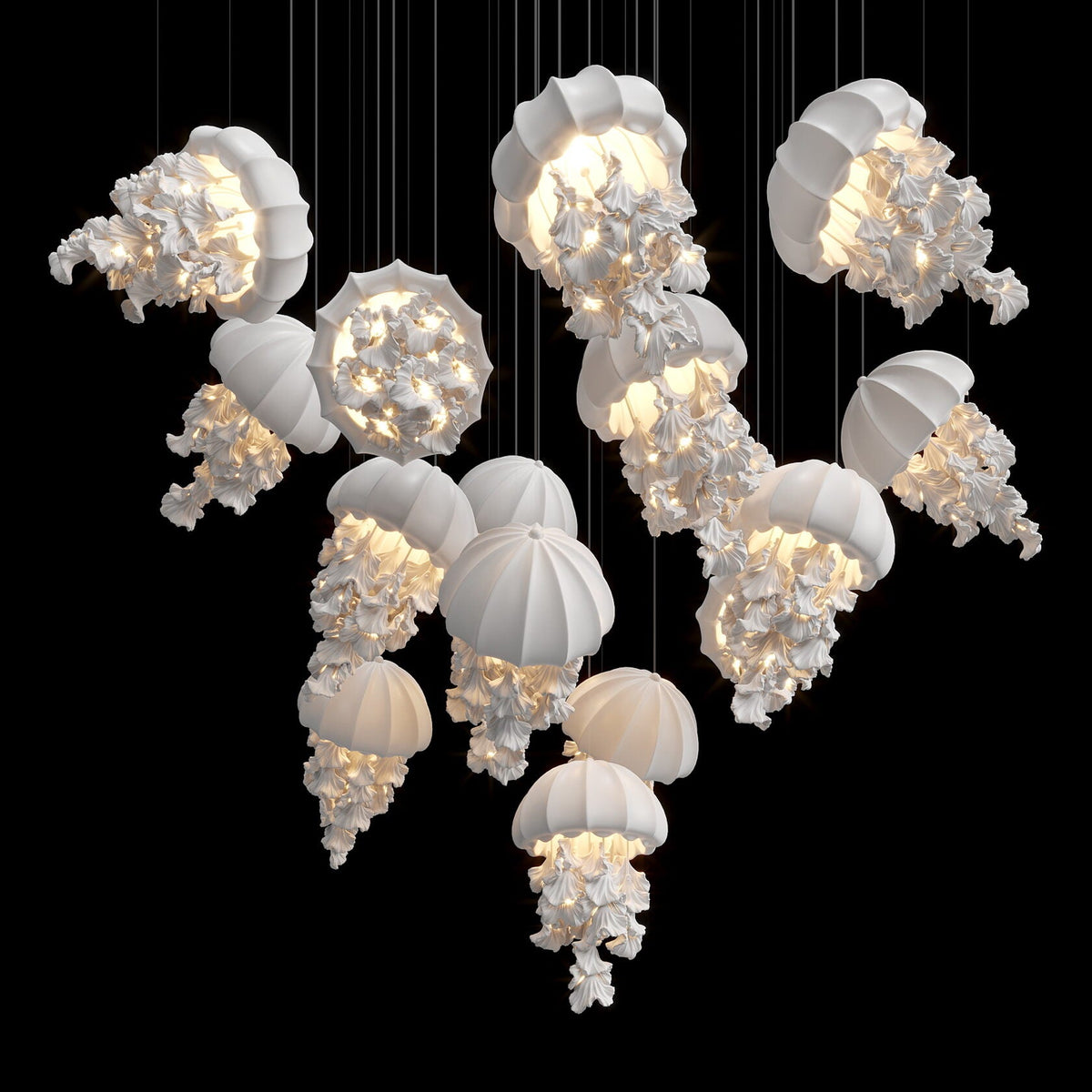Mauve Jellyfish Cascade Chandelier chandelier in a tall interior