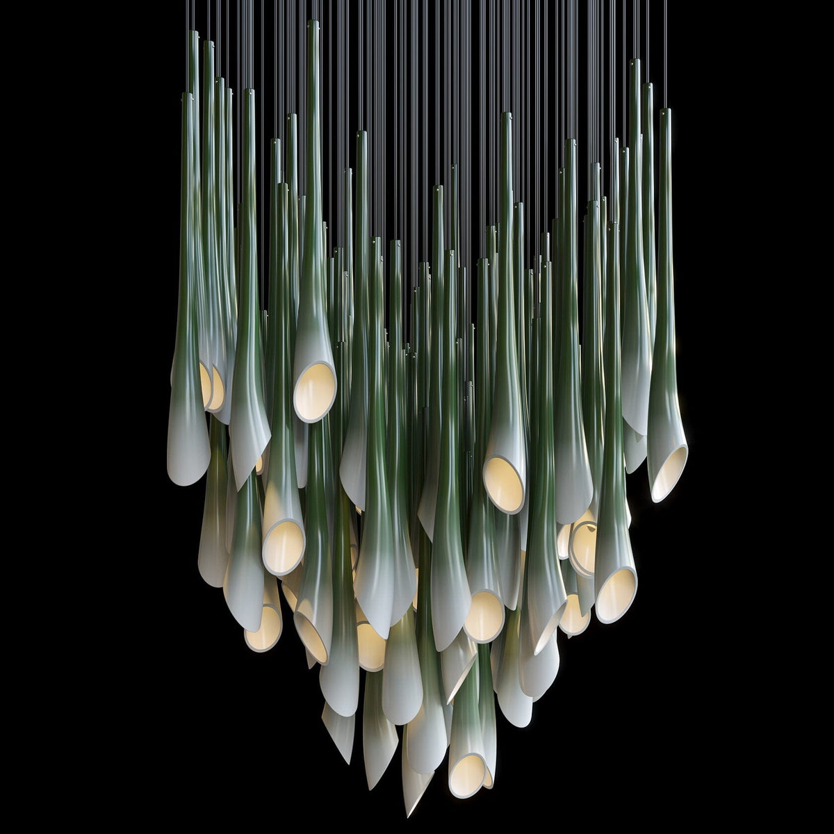 Green Trumpet Cluster Chandelier chandelier in a tall interior