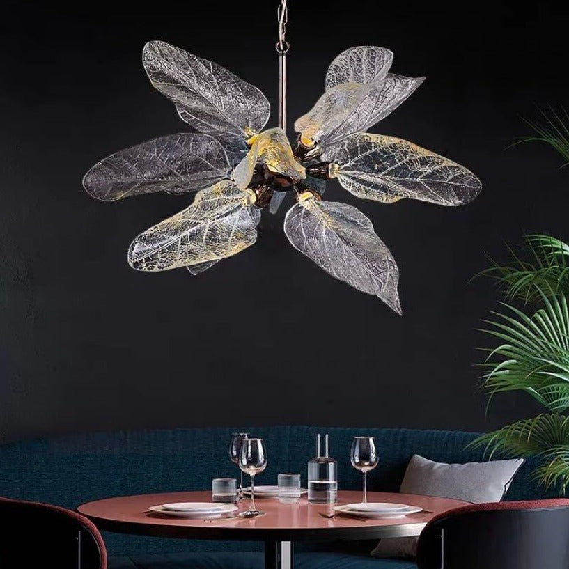 Creative Bionic Resin Leaves Chandelier for Living Room/Dining Room/Staircase chandelier in a tall interior