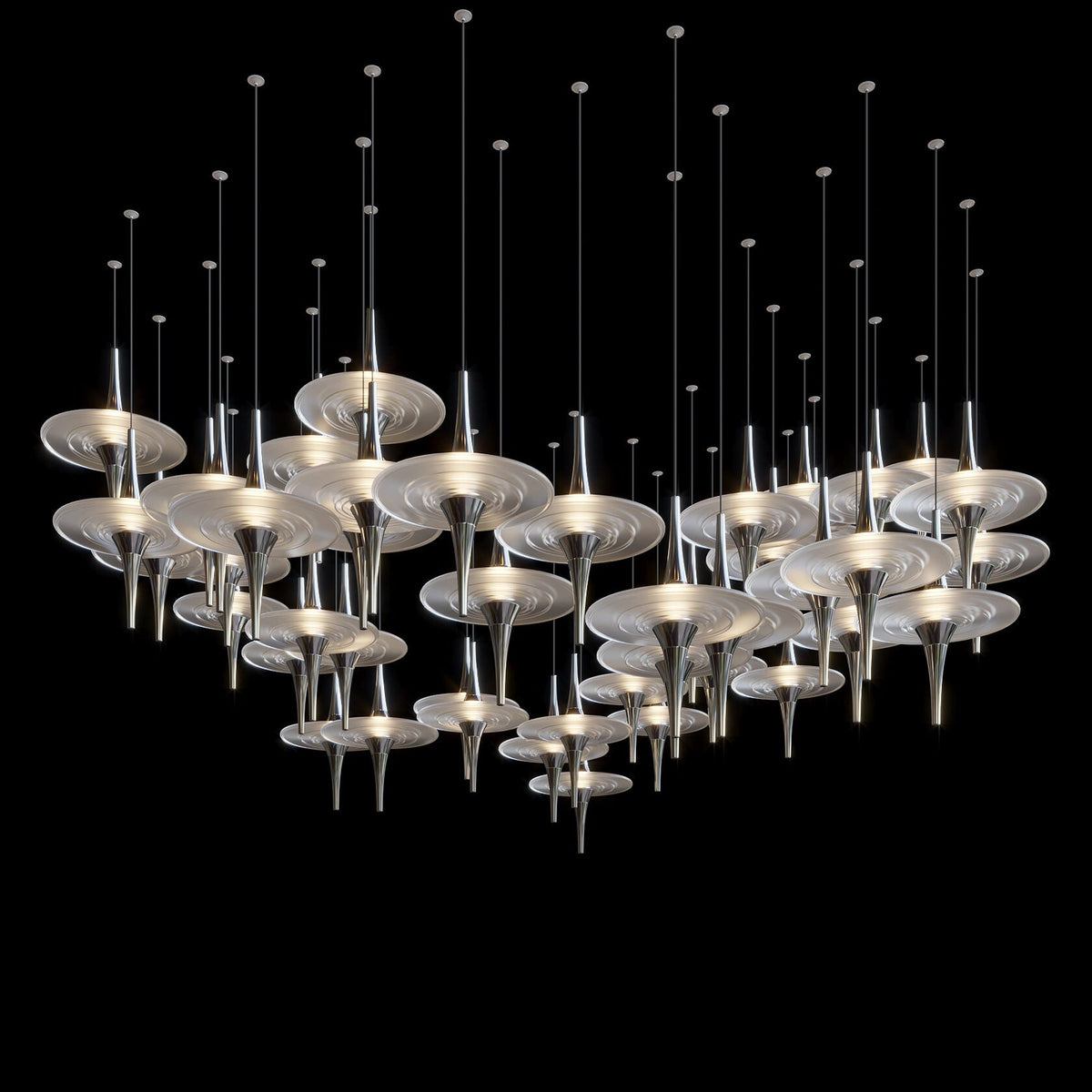 Ivory Saucer Orbit Chandelier chandelier in a tall interior